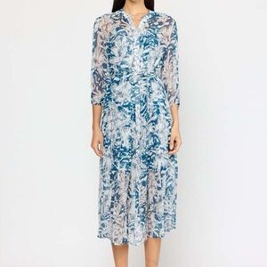 Christy Lynn Lana Dress XS Blue Floral Silk Midi Sheer Overlay Feminine Romantic